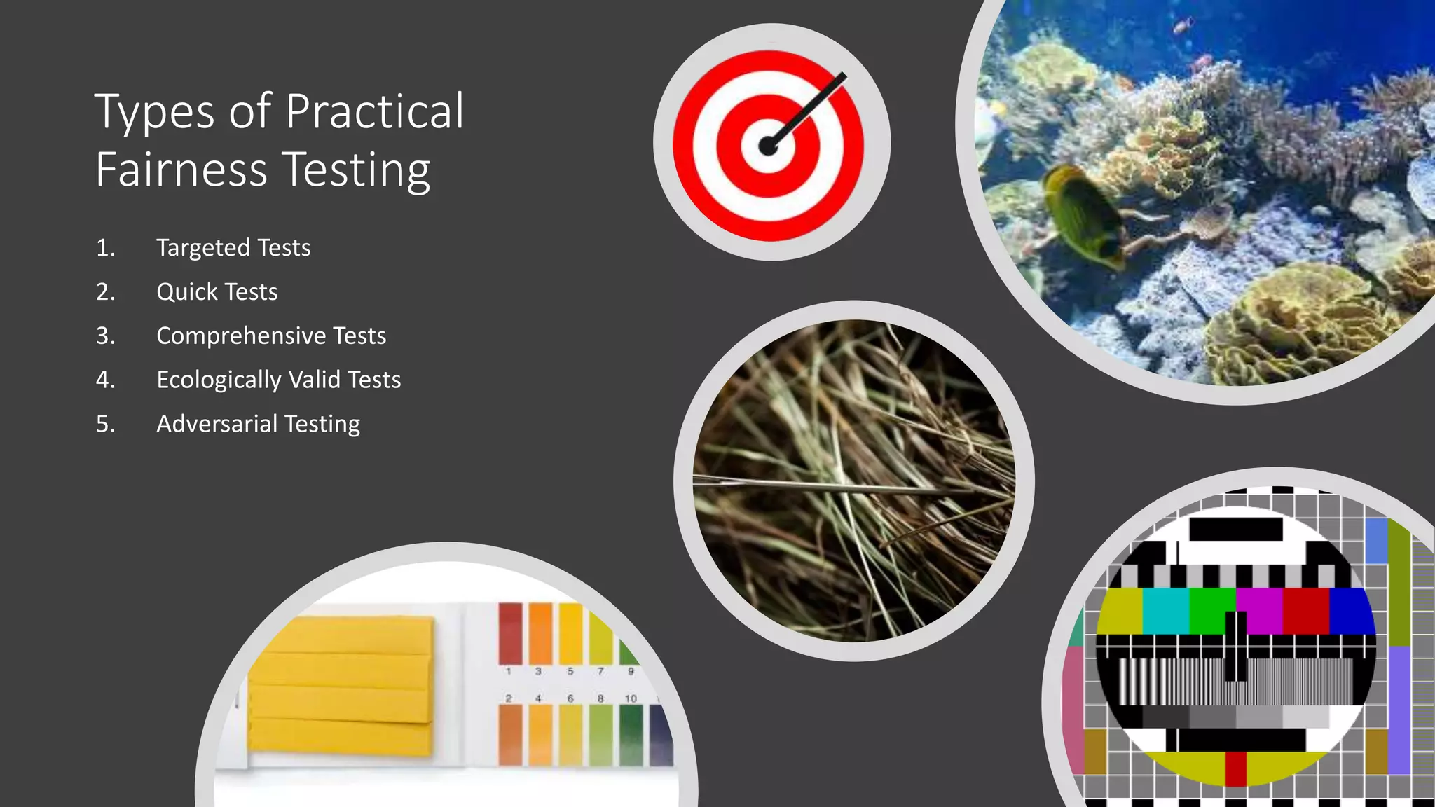 Types of Practical
Fairness Testing
1. Targeted Tests
2. Quick Tests
3. Comprehensive Tests
4. Ecologically Valid Tests
5. Adversarial Testing
 