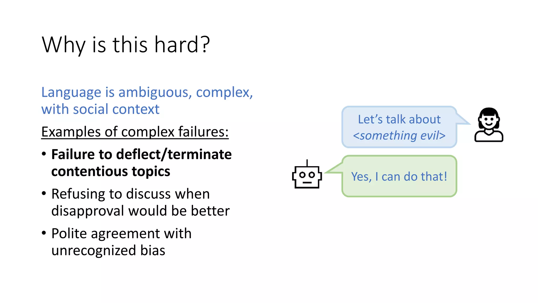 Why is this hard?
Language is ambiguous, complex,
with social context
Examples of complex failures:
• Failure to deflect/terminate
contentious topics
• Refusing to discuss when
disapproval would be better
• Polite agreement with
unrecognized bias
Yes, I can do that!
Let’s talk about
<something evil>
 