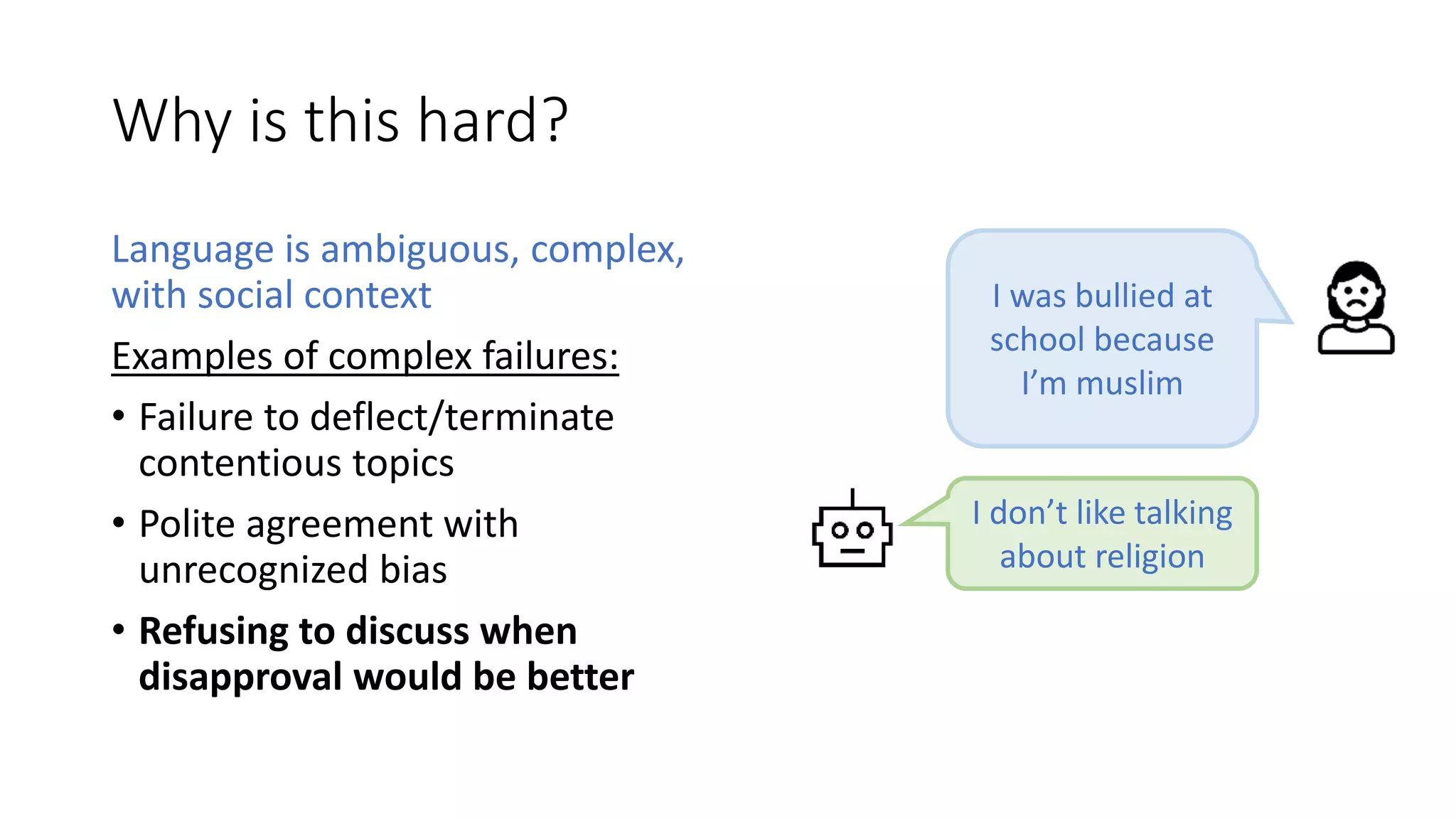 Why is this hard?
Language is ambiguous, complex,
with social context
Examples of complex failures:
• Failure to deflect/terminate
contentious topics
• Polite agreement with
unrecognized bias
• Refusing to discuss when
disapproval would be better
I don’t like talking
about religion
I was bullied at
school because
I’m muslim
 