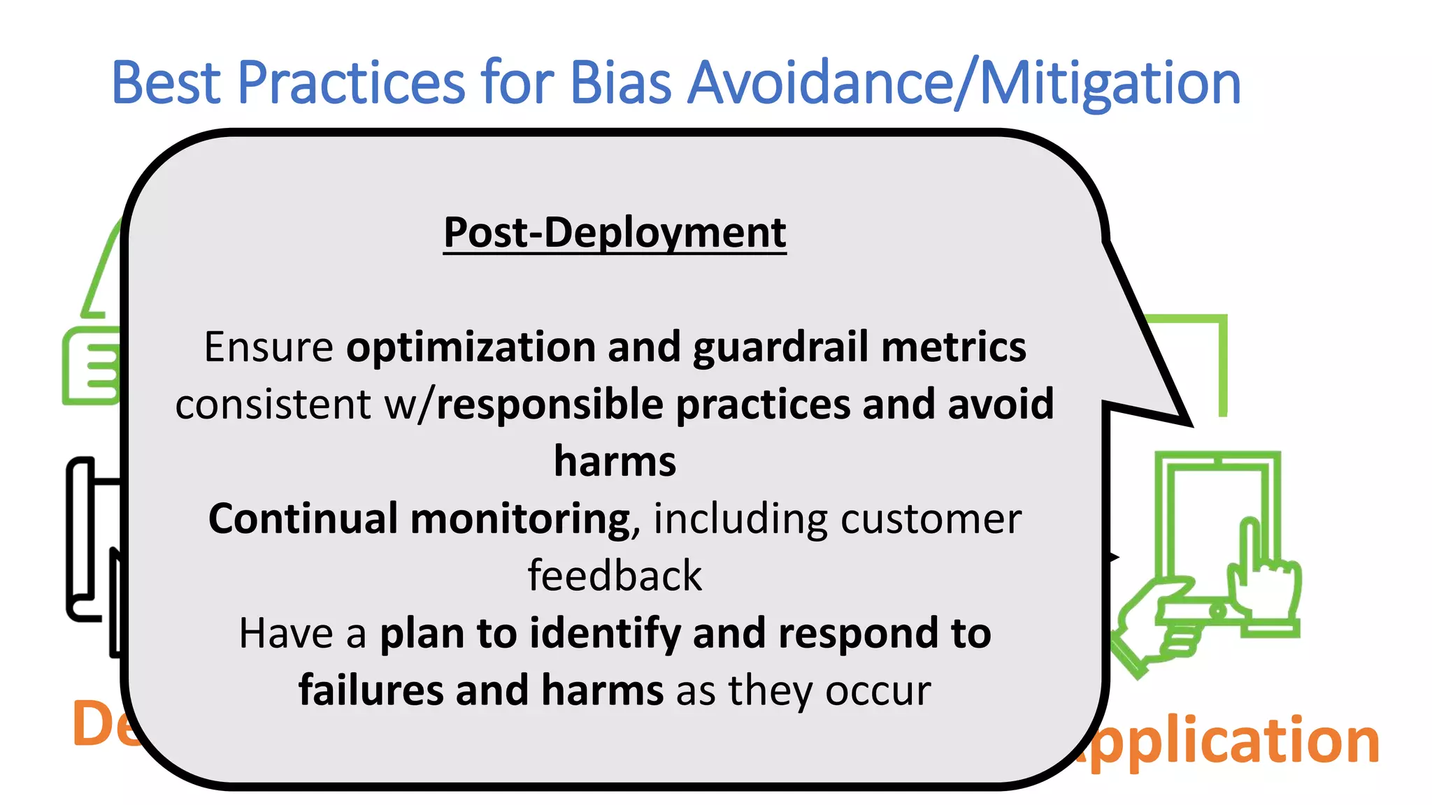 Design Data Model Application
Best Practices for Bias Avoidance/Mitigation
Post-Deployment
Ensure optimization and guardrail metrics
consistent w/responsible practices and avoid
harms
Continual monitoring, including customer
feedback
Have a plan to identify and respond to
failures and harms as they occur
 