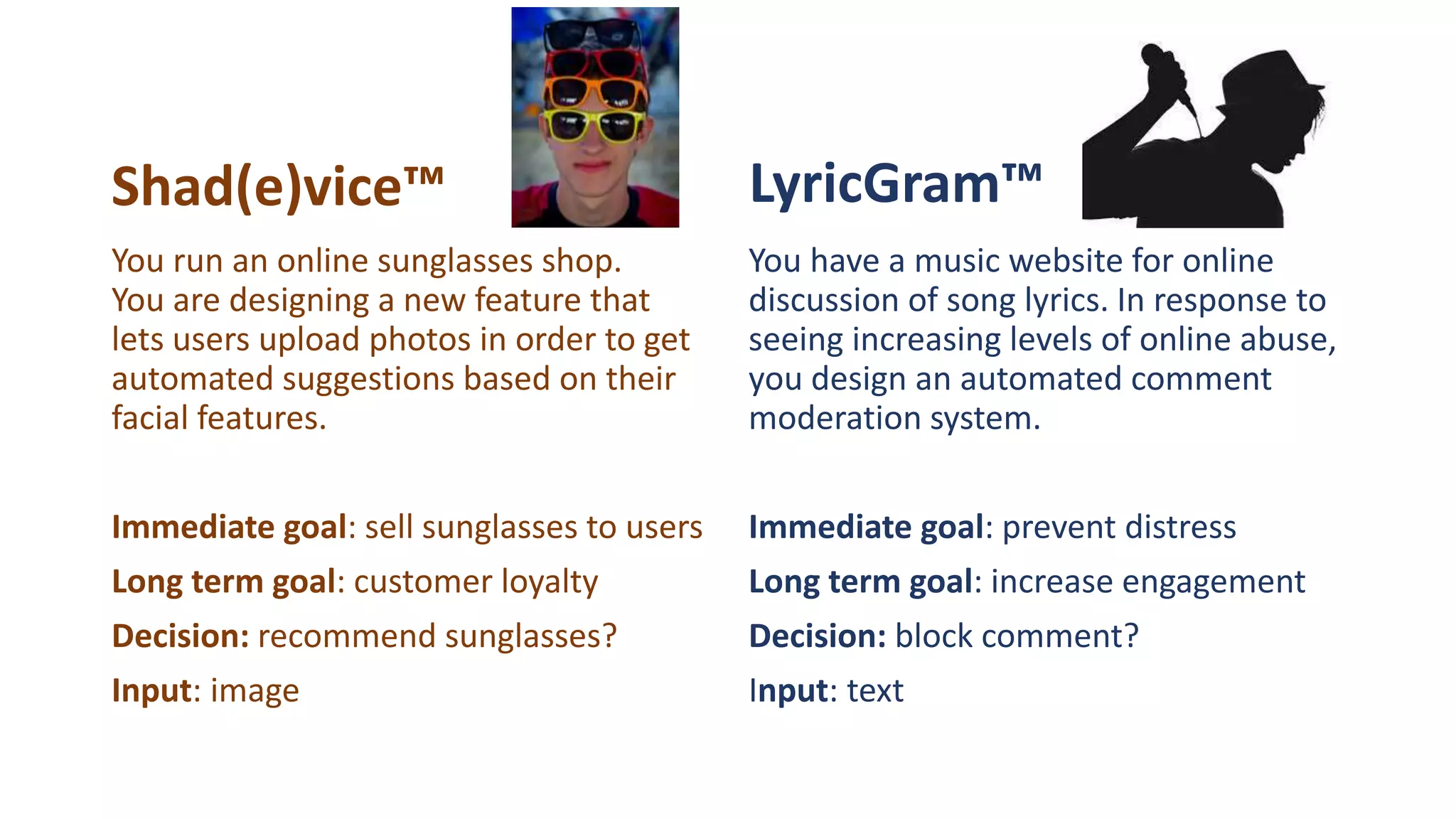 Shad(e)vice™ LyricGram™
You have a music website for online
discussion of song lyrics. In response to
seeing increasing levels of online abuse,
you design an automated comment
moderation system.
Immediate goal: prevent distress
Long term goal: increase engagement
Decision: block comment?
Input: text
You run an online sunglasses shop.
You are designing a new feature that
lets users upload photos in order to get
automated suggestions based on their
facial features.
Immediate goal: sell sunglasses to users
Long term goal: customer loyalty
Decision: recommend sunglasses?
Input: image
 