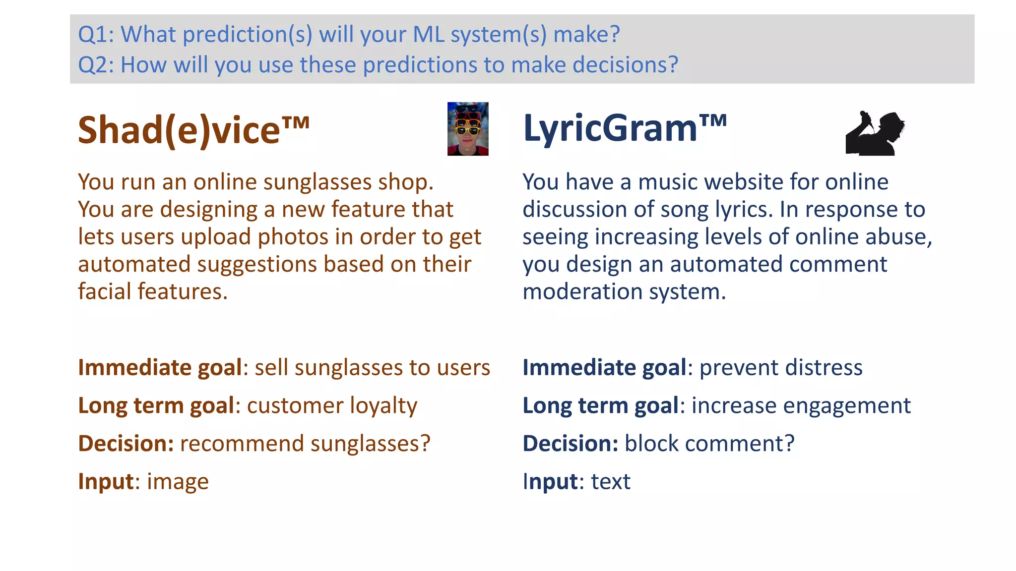 Shad(e)vice™ LyricGram™
You have a music website for online
discussion of song lyrics. In response to
seeing increasing levels of online abuse,
you design an automated comment
moderation system.
Immediate goal: prevent distress
Long term goal: increase engagement
Decision: block comment?
Input: text
You run an online sunglasses shop.
You are designing a new feature that
lets users upload photos in order to get
automated suggestions based on their
facial features.
Immediate goal: sell sunglasses to users
Long term goal: customer loyalty
Decision: recommend sunglasses?
Input: image
Q1: What prediction(s) will your ML system(s) make?
Q2: How will you use these predictions to make decisions?
 