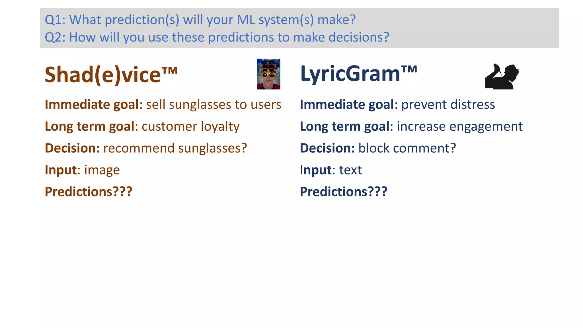 Shad(e)vice™ LyricGram™
Immediate goal: prevent distress
Long term goal: increase engagement
Decision: block comment?
Input: text
Predictions???
Immediate goal: sell sunglasses to users
Long term goal: customer loyalty
Decision: recommend sunglasses?
Input: image
Predictions???
Q1: What prediction(s) will your ML system(s) make?
Q2: How will you use these predictions to make decisions?
 