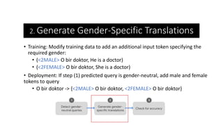2. Generate Gender-Specific Translations
• Training: Modify training data to add an additional input token specifying the
...