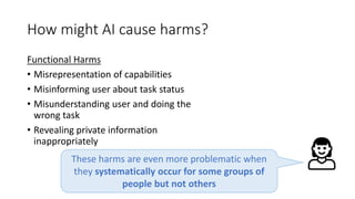 How might AI cause harms?
Functional Harms
• Misrepresentation of capabilities
• Misinforming user about task status
• Mis...