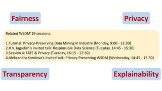 Fairness Privacy
Transparency Explainability
Related WSDM’19 sessions:
1.Tutorial: Privacy-Preserving Data Mining in Indus...