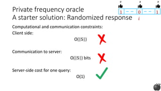 Private frequency oracle
A starter solution: Randomized response
Computational and communication constraints:
Client side:
O(|S|)
Communication to server:
O(|S|) bits
Server-side cost for one query:
O(1)
1 0 1
𝑖
 