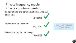Private frequency oracle
Private count-min sketch
Computational and communication constraints:
Client side:
O(log |S|)
Communication to server:
O(1) bits
Server-side cost for one query:
O(log |S|)
Error in each estimate:
O( 𝑛log|𝒮|)
 