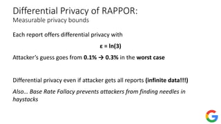 Differential Privacy of RAPPOR:
Measurable privacy bounds
Each report offers differential privacy with
ε = ln(3)
Attacker’s guess goes from 0.1% → 0.3% in the worst case
Differential privacy even if attacker gets all reports (infinite data!!!)
Also… Base Rate Fallacy prevents attackers from finding needles in
haystacks
 