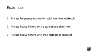 Roadmap
1. Private frequency estimation with count-min-sketch
2. Private heavy hitters with puzzle piece algorithm
3. Private heavy hitters with tree histogram protocol
 
