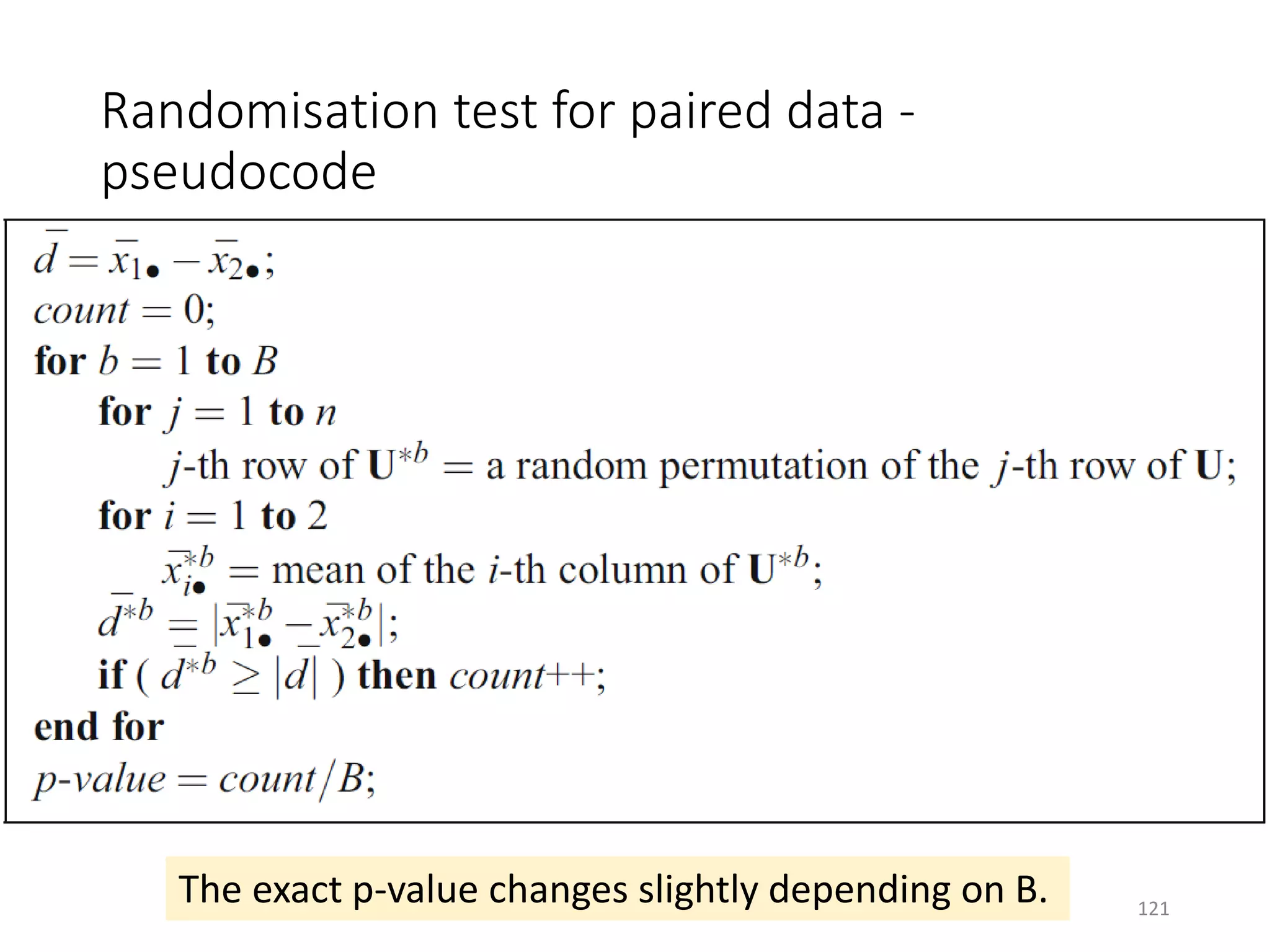 Randomisation test for paired data -
pseudocode
The exact p-value changes slightly depending on B. 121
 