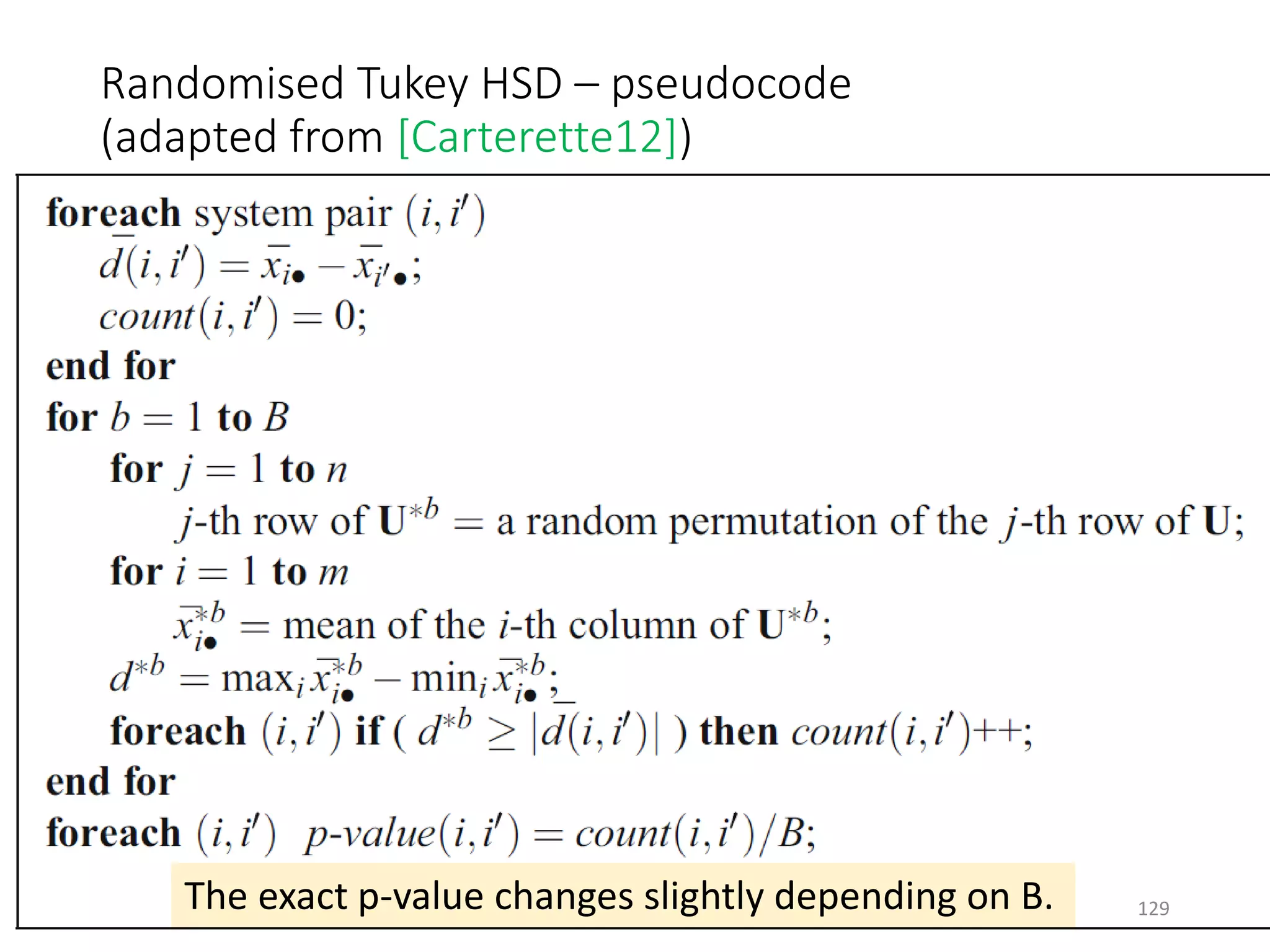 Randomised Tukey HSD – pseudocode
(adapted from [Carterette12])
The exact p-value changes slightly depending on B. 129
 