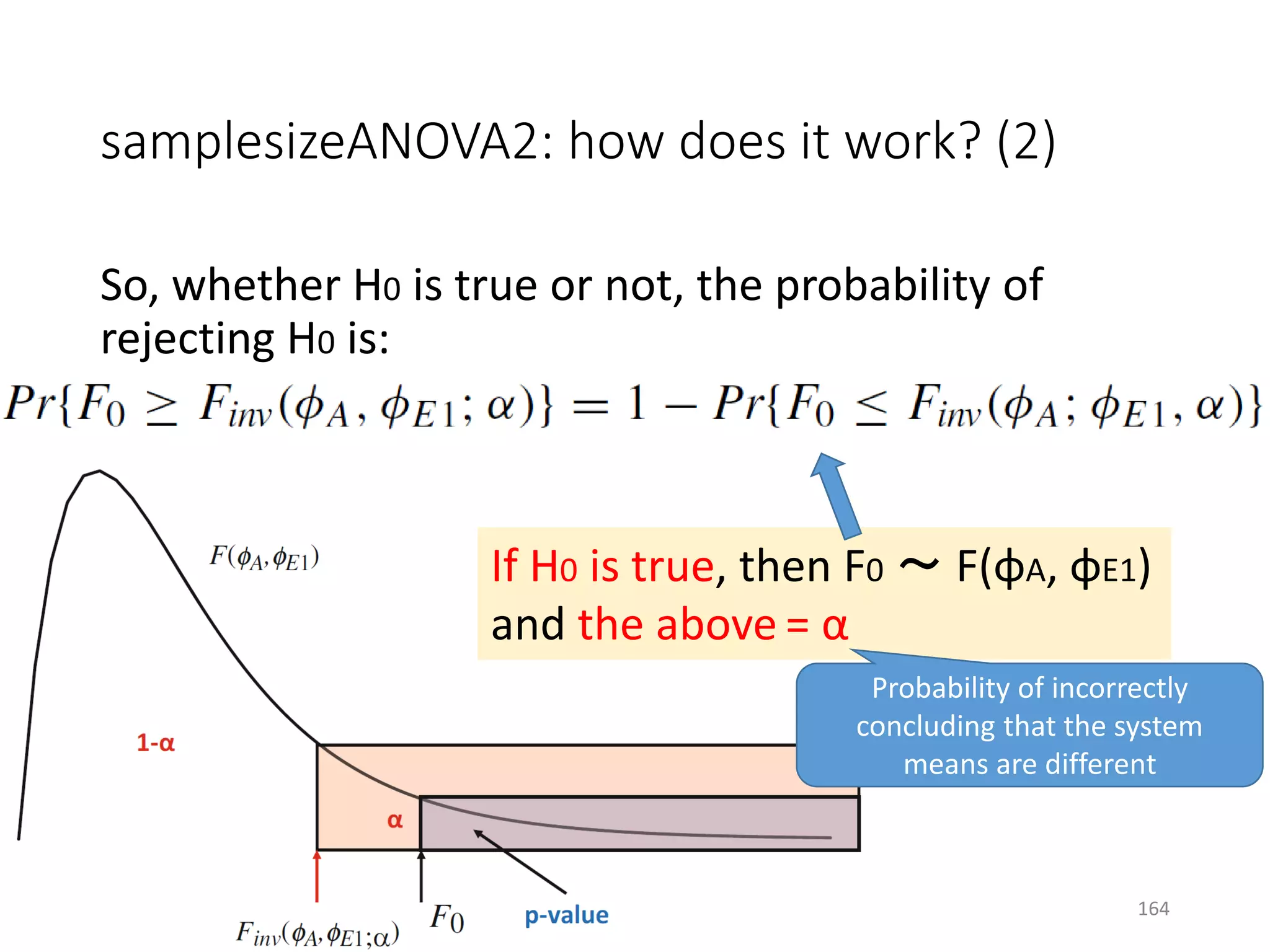 samplesizeANOVA2: how does it work? (2)
So, whether H0 is true or not, the probability of
rejecting H0 is:
If H0 is true, then F0 ～ F(φA, φE1)
and the above = α
Probability of incorrectly
concluding that the system
means are different
164
 