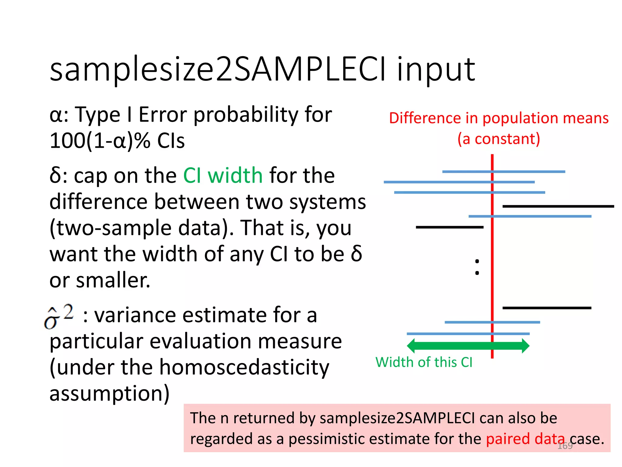 samplesize2SAMPLECI input
α: Type I Error probability for
100(1-α)% CIs
δ: cap on the CI width for the
difference between two systems
(two-sample data). That is, you
want the width of any CI to be δ
or smaller.
: variance estimate for a
particular evaluation measure
(under the homoscedasticity
assumption)
The n returned by samplesize2SAMPLECI can also be
regarded as a pessimistic estimate for the paired data case.
Difference in population means
(a constant)
:
Width of this CI
169
 