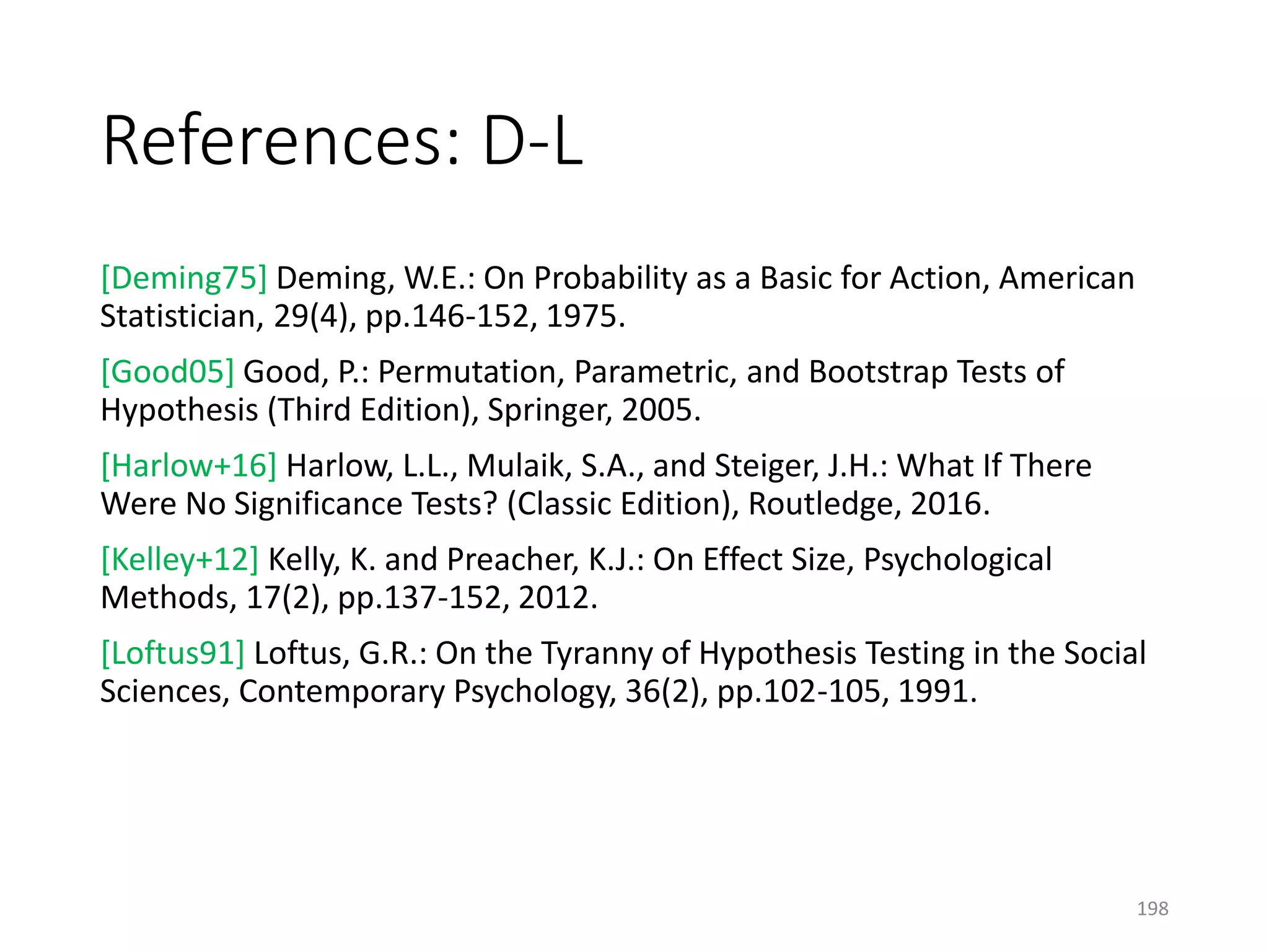 References: D-L
[Deming75] Deming, W.E.: On Probability as a Basic for Action, American
Statistician, 29(4), pp.146-152, 1975.
[Good05] Good, P.: Permutation, Parametric, and Bootstrap Tests of
Hypothesis (Third Edition), Springer, 2005.
[Harlow+16] Harlow, L.L., Mulaik, S.A., and Steiger, J.H.: What If There
Were No Significance Tests? (Classic Edition), Routledge, 2016.
[Kelley+12] Kelly, K. and Preacher, K.J.: On Effect Size, Psychological
Methods, 17(2), pp.137-152, 2012.
[Loftus91] Loftus, G.R.: On the Tyranny of Hypothesis Testing in the Social
Sciences, Contemporary Psychology, 36(2), pp.102-105, 1991.
198
 