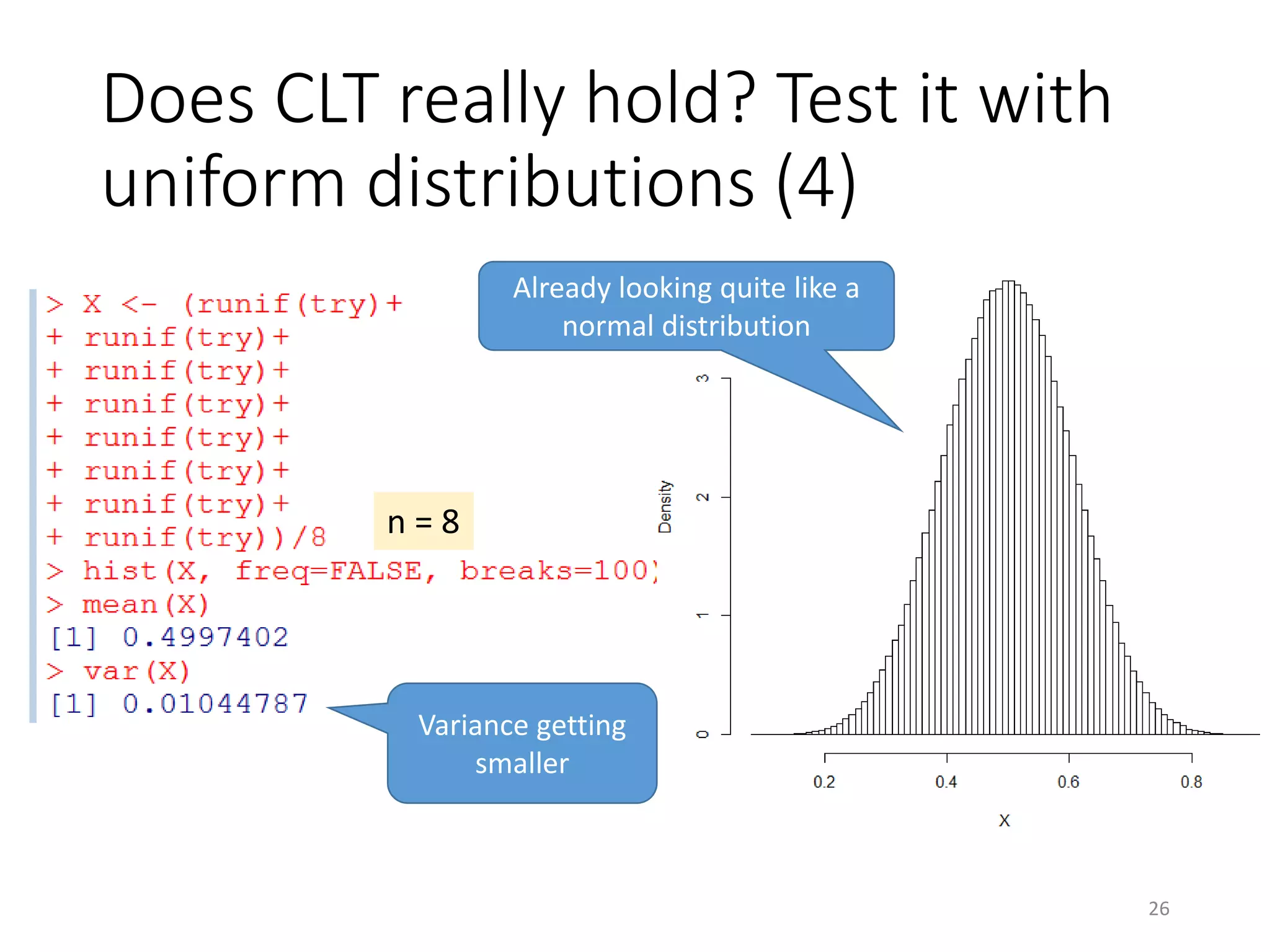 Does CLT really hold? Test it with
uniform distributions (4)
n = 8
Already looking quite like a
normal distribution
Variance getting
smaller
26
 