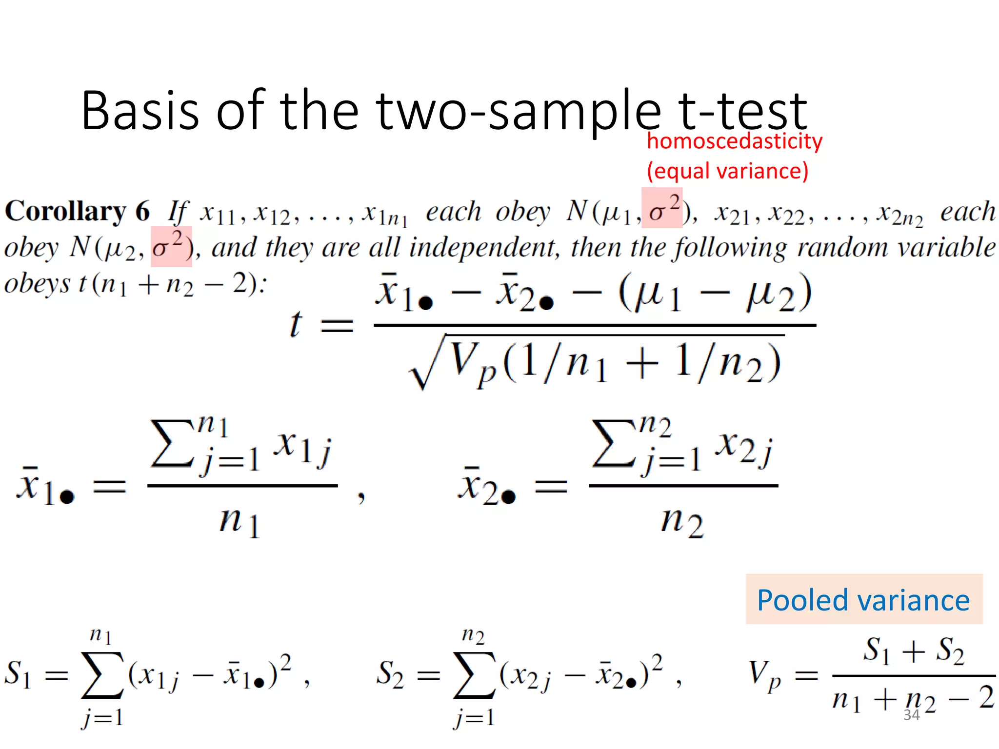 Basis of the two-sample t-test
Pooled variance
homoscedasticity
(equal variance)
34
 