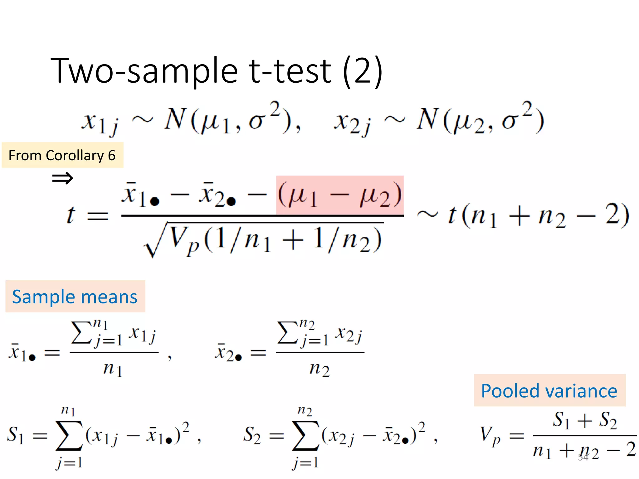 Two-sample t-test (2)
⇒
Sample means
From Corollary 6
Pooled variance
54
 