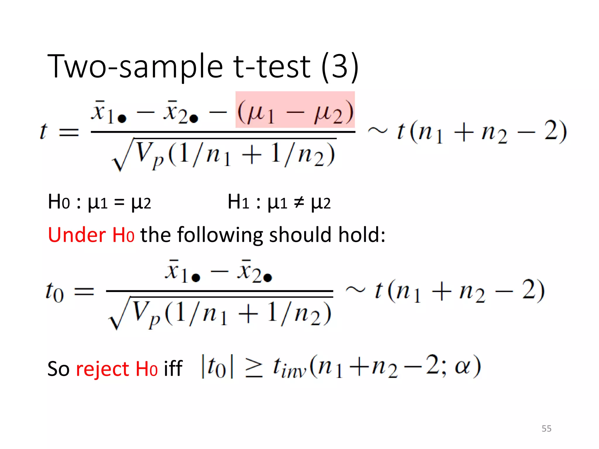Two-sample t-test (3)
H0 : μ1 = μ2 H1 : μ1 ≠ μ2
Under H0 the following should hold:
So reject H0 iff
55
 