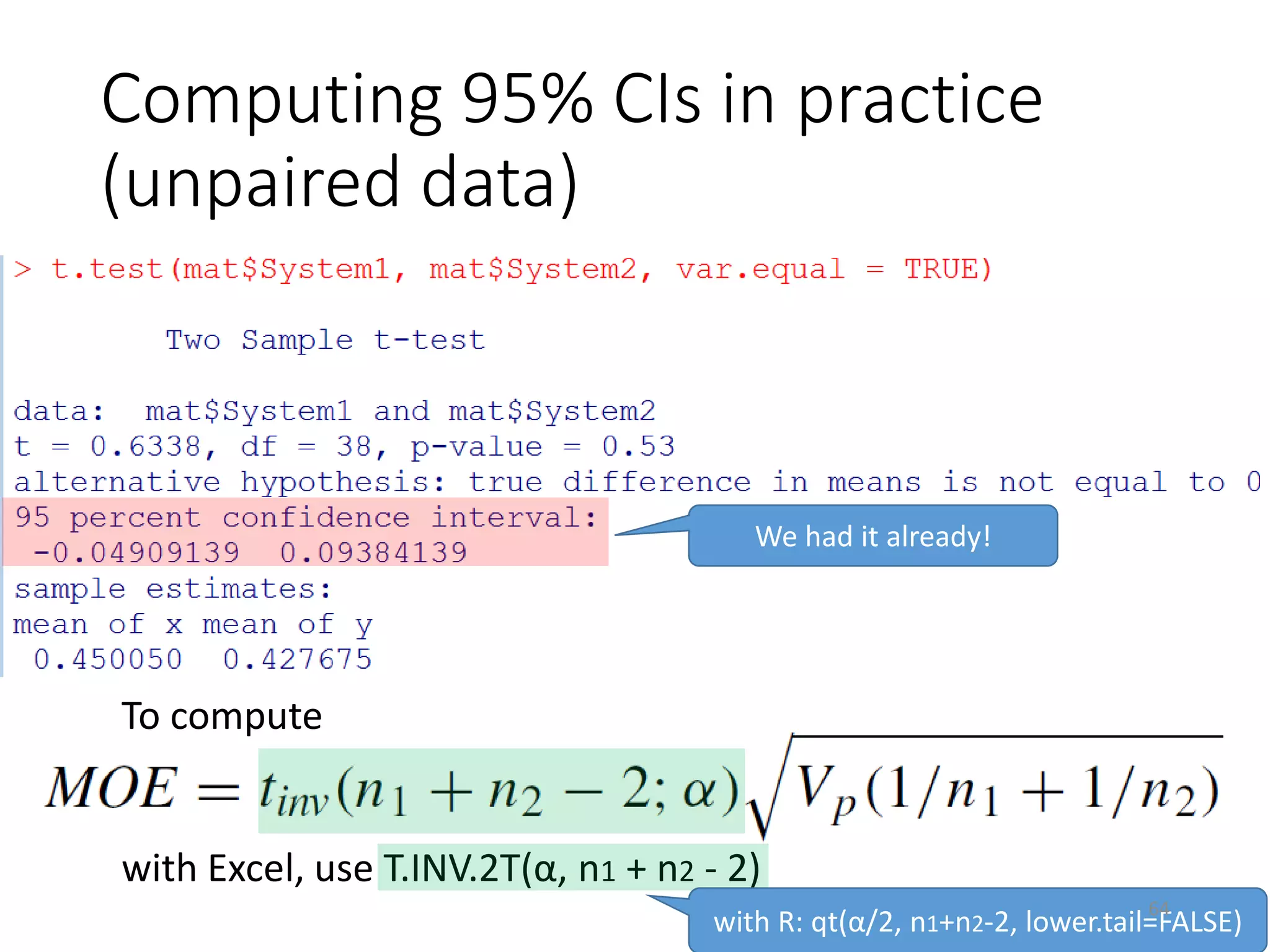 Computing 95% CIs in practice
(unpaired data)
We had it already!
To compute
with Excel, use T.INV.2T(α, n1 + n2 - 2)
with R: qt(α/2, n1+n2-2, lower.tail=FALSE)
64
 