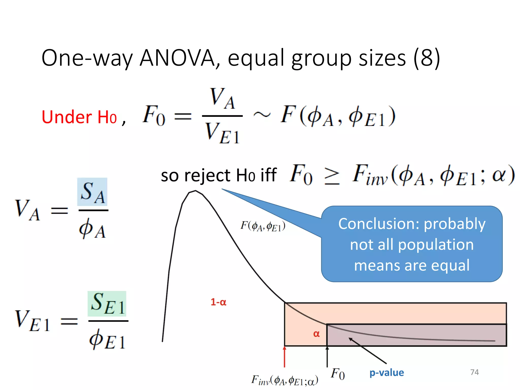 One-way ANOVA, equal group sizes (8)
Under H0 ,
so reject H0 iff
Conclusion: probably
not all population
means are equal
74
 