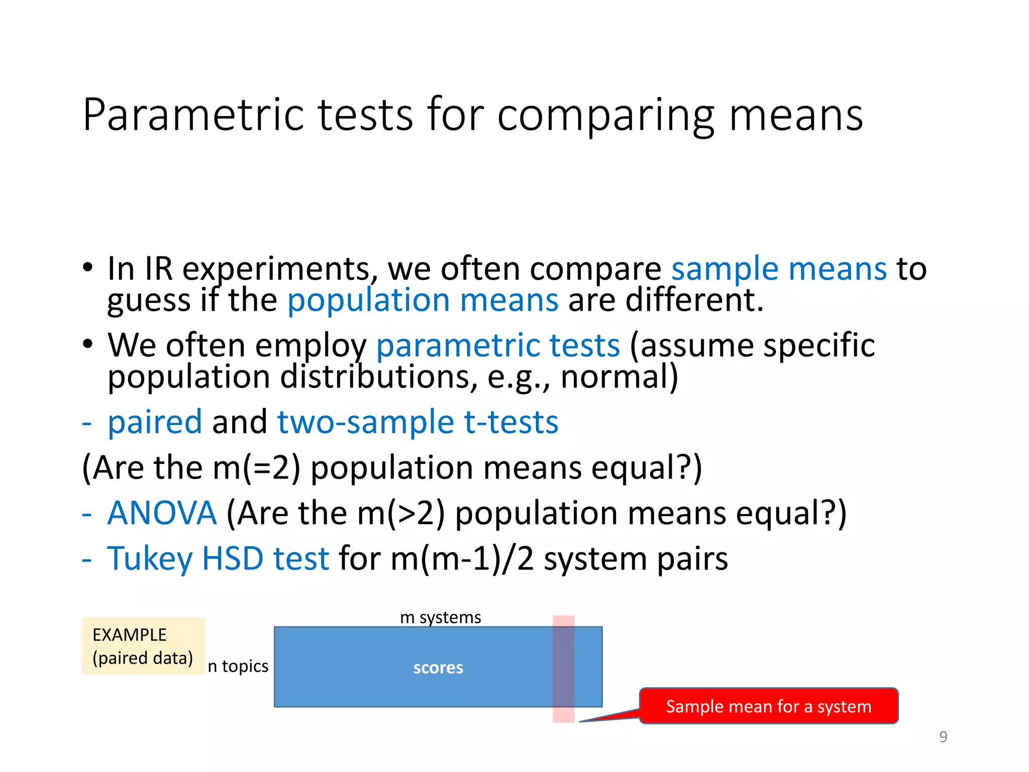 Parametric tests for comparing means
• In IR experiments, we often compare sample means to
guess if the population means are different.
• We often employ parametric tests (assume specific
population distributions, e.g., normal)
- paired and two-sample t-tests
(Are the m(=2) population means equal?)
- ANOVA (Are the m(>2) population means equal?)
- Tukey HSD test for m(m-1)/2 system pairs
scores
EXAMPLE
(paired data) n topics
m systems
Sample mean for a system
9
 
