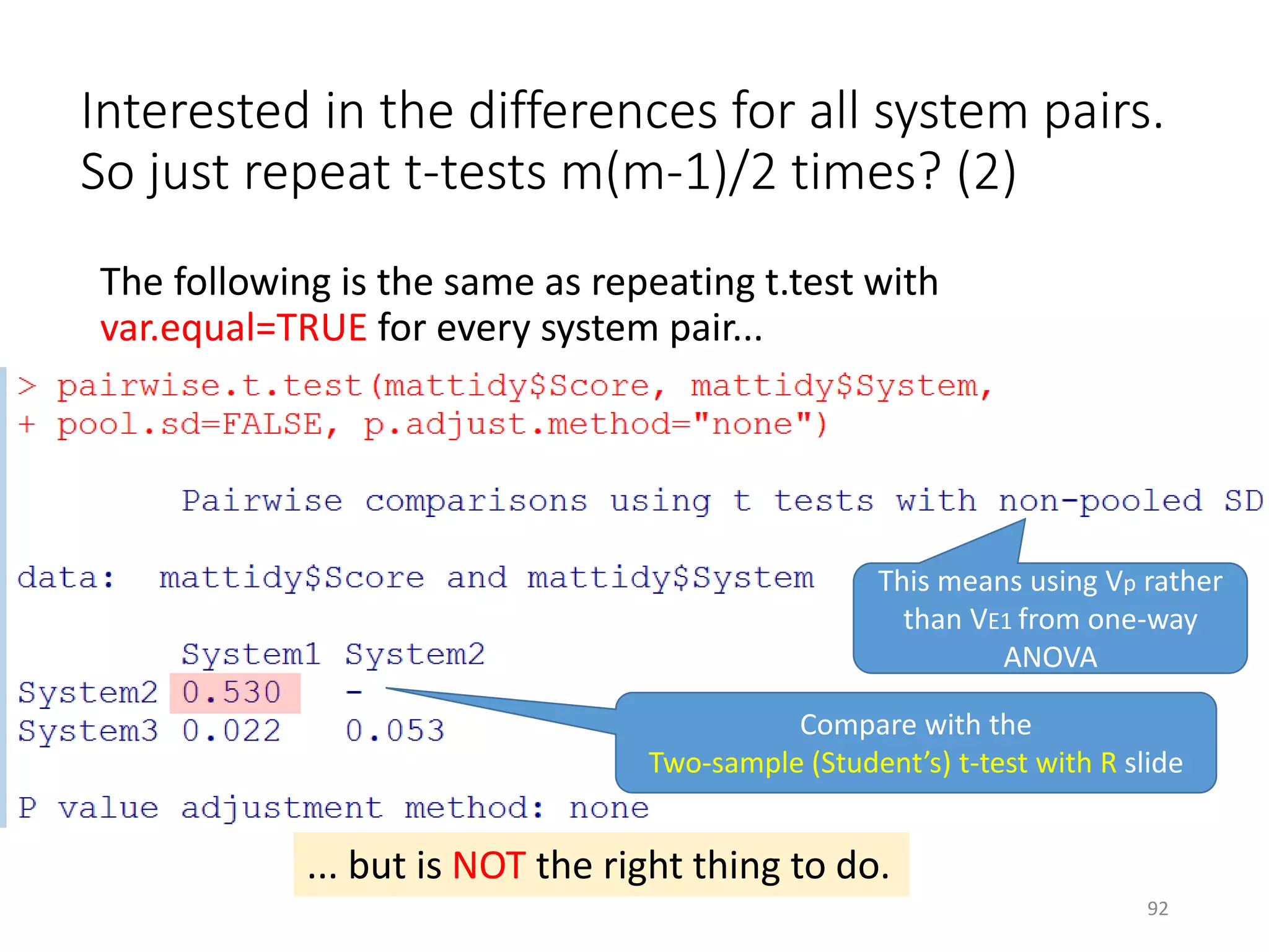 Interested in the differences for all system pairs.
So just repeat t-tests m(m-1)/2 times? (2)
The following is the same as repeating t.test with
var.equal=TRUE for every system pair...
Compare with the
Two-sample (Student’s) t-test with R slide
This means using Vp rather
than VE1 from one-way
ANOVA
... but is NOT the right thing to do.
92
 