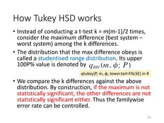 • Instead of conducting a t-test k = m(m-1)/2 times,
consider the maximum difference (best system –
worst system) among the k differences.
• The distribution that the max difference obeys is
called a studentised range distribution. Its upper
100P% value is denoted by
• We compare the k differences against the above
distribution. By construction, if the maximum is not
statistically significant, the other differences are not
statistically significant either. Thus the familywise
error rate can be controlled.
How Tukey HSD works
qtukey(P, m, φ, lower.tail=FALSE) in R
103
 