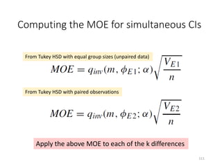 Computing the MOE for simultaneous CIs
From Tukey HSD with equal group sizes (unpaired data)
From Tukey HSD with paired observations
Apply the above MOE to each of the k differences
111
 