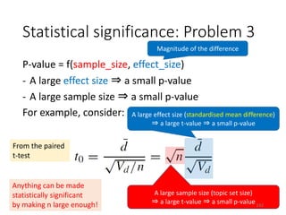 Statistical significance: Problem 3
P-value = f(sample_size, effect_size)
- A large effect size ⇒ a small p-value
- A large sample size ⇒ a small p-value
For example, consider:
From the paired
t-test
Magnitude of the difference
A large effect size (standardised mean difference)
⇒ a large t-value ⇒ a small p-value
A large sample size (topic set size)
⇒ a large t-value ⇒ a small p-value
Anything can be made
statistically significant
by making n large enough! 142
 