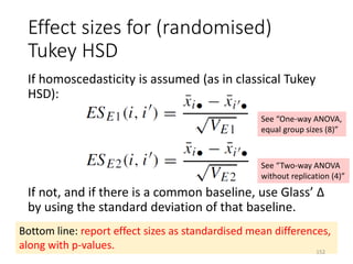 Effect sizes for (randomised)
Tukey HSD
If homoscedasticity is assumed (as in classical Tukey
HSD):
If not, and if there is a common baseline, use Glass’ Δ
by using the standard deviation of that baseline.
Bottom line: report effect sizes as standardised mean differences,
along with p-values.
See “One-way ANOVA,
equal group sizes (8)”
See “Two-way ANOVA
without replication (4)”
152
 