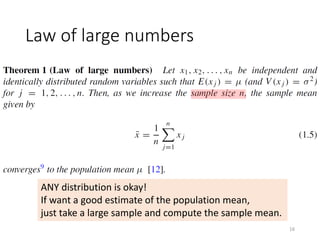 Law of large numbers
ANY distribution is okay!
If want a good estimate of the population mean,
just take a large sample and compute the sample mean.
16
 