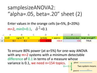 samplesizeANOVA2:
“alpha=.05, beta=.20” sheet (2)
Enter values in the orange cells (α=5%, β=20%):
m=2, minD=0.1, =0.1
To ensure 80% power (at α=5%) for one-way ANOVA
with any m=2 systems with a minimum detectable
difference of 0.1 in terms of a measure whose
variance is 0.1, we need n=154 topics. μbest
μworst
D>= 0.1 Two system means
161
 