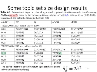 Some topic set size design results
The paired t-test tool does not return tight estimates due to
(covariance not considered) 177
 