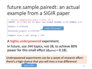future.sample.pairedt: an actual
example from a SIGIR paper
A highly underpowered experiment.
In future, use 244 topics, not 28, to achieve 80%
power for this small effect (dpaired = 0.18).
Only 15% power!
Underpowered experiments can be a waste of research effort:
there’s a high chance that you will miss a true difference!
about 85% 182
 