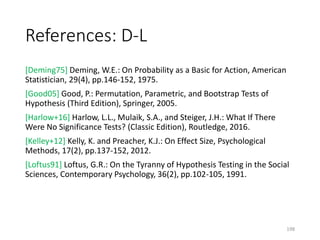 References: D-L
[Deming75] Deming, W.E.: On Probability as a Basic for Action, American
Statistician, 29(4), pp.146-152, 1975.
[Good05] Good, P.: Permutation, Parametric, and Bootstrap Tests of
Hypothesis (Third Edition), Springer, 2005.
[Harlow+16] Harlow, L.L., Mulaik, S.A., and Steiger, J.H.: What If There
Were No Significance Tests? (Classic Edition), Routledge, 2016.
[Kelley+12] Kelly, K. and Preacher, K.J.: On Effect Size, Psychological
Methods, 17(2), pp.137-152, 2012.
[Loftus91] Loftus, G.R.: On the Tyranny of Hypothesis Testing in the Social
Sciences, Contemporary Psychology, 36(2), pp.102-105, 1991.
198
 