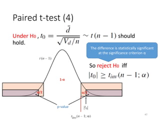 Paired t-test (4)
Under H0 , should
hold.
So reject H0 iff
The difference is statistically significant
at the significance criterion α
47
 