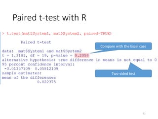 Paired t-test with R
Compare with the Excel case
Two-sided test
51
 