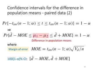 Confidence intervals for the difference in
population means - paired data (2)
⇒
where
100(1-α)% CI:
Margin of error
Difference in population means
60
 