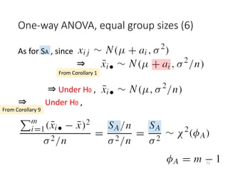 One-way ANOVA, equal group sizes (6)
As for SA , since
⇒
⇒ Under H0 ,
⇒ Under H0 ,
From Corollary 1
From Corollary 9
72
 
