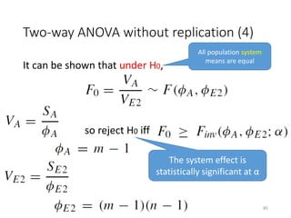 Two-way ANOVA without replication (4)
It can be shown that under H0,
so reject H0 iff
The system effect is
statistically significant at α
All population system
means are equal
85
 