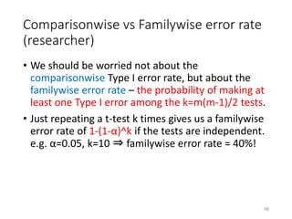Comparisonwise vs Familywise error rate
(researcher)
• We should be worried not about the
comparisonwise Type I error rate, but about the
familywise error rate – the probability of making at
least one Type I error among the k=m(m-1)/2 tests.
• Just repeating a t-test k times gives us a familywise
error rate of 1-(1-α)^k if the tests are independent.
e.g. α=0.05, k=10 ⇒ familywise error rate = 40%!
98
 