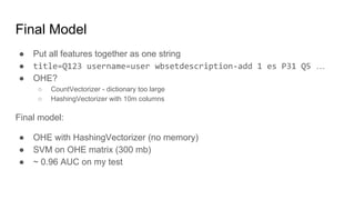 Final Model
● Put all features together as one string
● title=Q123 username=user wbsetdescription-add 1 es P31 Q5 …
● OHE?
○ CountVectorizer - dictionary too large
○ HashingVectorizer with 10m columns
Final model:
● OHE with HashingVectorizer (no memory)
● SVM on OHE matrix (300 mb)
● ~ 0.96 AUC on my test
 