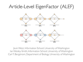 JevinWest, Information School, University of Washington
Ian Wesley-Smith,Information School, University of Washington
Carl T. Bergstrom,Department of Biology, University of Washington
Article-Level EigenFactor (ALEF)
 