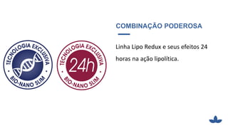 COMBINAÇÃO PODEROSA
Linha Lipo Redux e seus efeitos 24
horas na ação lipolítica.
 