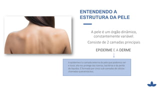 A pele é um órgão dinâmico,
constantemente variável.
Consiste de 2 camadas principais
ENTENDENDO A
ESTRUTURA DA PELE
EPIDERME E A DERME
A epiderme é a camada externa da pele que podemos ver
e tocar, ela nos protege das toxinas, bactérias e da perda
de líquidos. É formada por cinco sub-camadas de células
chamadas queratinócitos.
 