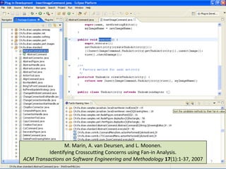 M. Marin, A. van Deursen, and L. Moonen.
          Identifying Crosscutting Concerns using Fan-in Analysis.
ACM Transactions on Software Engineering and Methodology 17(1):1-37, 2007   7
 