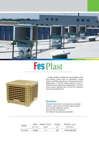 FesKlima-FesPlast modellerimiz plastik gövdeye sahip
olup üflemeyi aksiyel fanlar ile yapmaktadır. Plastik
gövdesi ve hafifliği sayesinde çatı montajlarında kolaylık
sağlamaktadır. 5 menfezli üfleme başlıkları havanın iç
mekana homojen dağıtılmasını sağlamaktadır. İnvertörlü
kontrol panosu sayesinde debi ve hava hızı 9 kademeli
olarak ayarlanabilmektedir.
Özellikler:
Otomatik drenaj sistemi, kumanda panosu üzerinden
sıcaklık ve nem kontrolü, kendinden egzost özelliği
CE ve ISO 9001 belgelerine sahiptir.
Kaset hava filtresi standarttır.
Geri dönüşsüz hava damperi opsiyoneldir.
	
Model
	 Debi	 Motor Gücü	 Voltaj	 Ölçüler (mm)
	 	 (m3
/h)	 (kW)	 (V)	 (HxWxL)
	 Fes 18 PA	 18.000	 1,1	 220	 1100x1100x1020
 