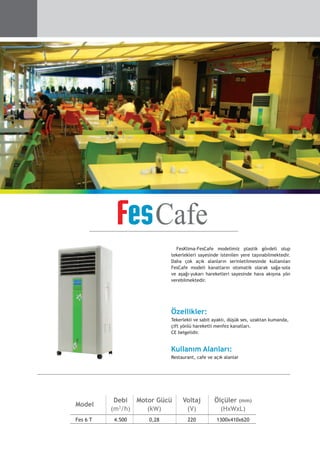 FesKlima-FesCafe modelimiz plastik gövdeli olup
tekerlekleri sayesinde istenilen yere taşınabilmektedir.
Daha çok açık alanların serinletilmesinde kullanılan
FesCafe modeli kanatların otomatik olarak sağa-sola
ve aşağı-yukarı hareketleri sayesinde hava akışına yön
verebilmektedir.
Özellikler:
Tekerlekli ve sabit ayaklı, düşük ses, uzaktan kumanda,
çift yönlü hareketli menfez kanatları.
CE belgelidir.
Kullanım Alanları:
Restaurant, cafe ve açık alanlar
	
Model
	 Debi	 Motor Gücü	 Voltaj	 Ölçüler (mm)
	 	 (m3/h)	 (kW)	 (V)	 (HxWxL)
	 Fes 6 T	 4.500	 0,28	 220	 1300x410x620
 