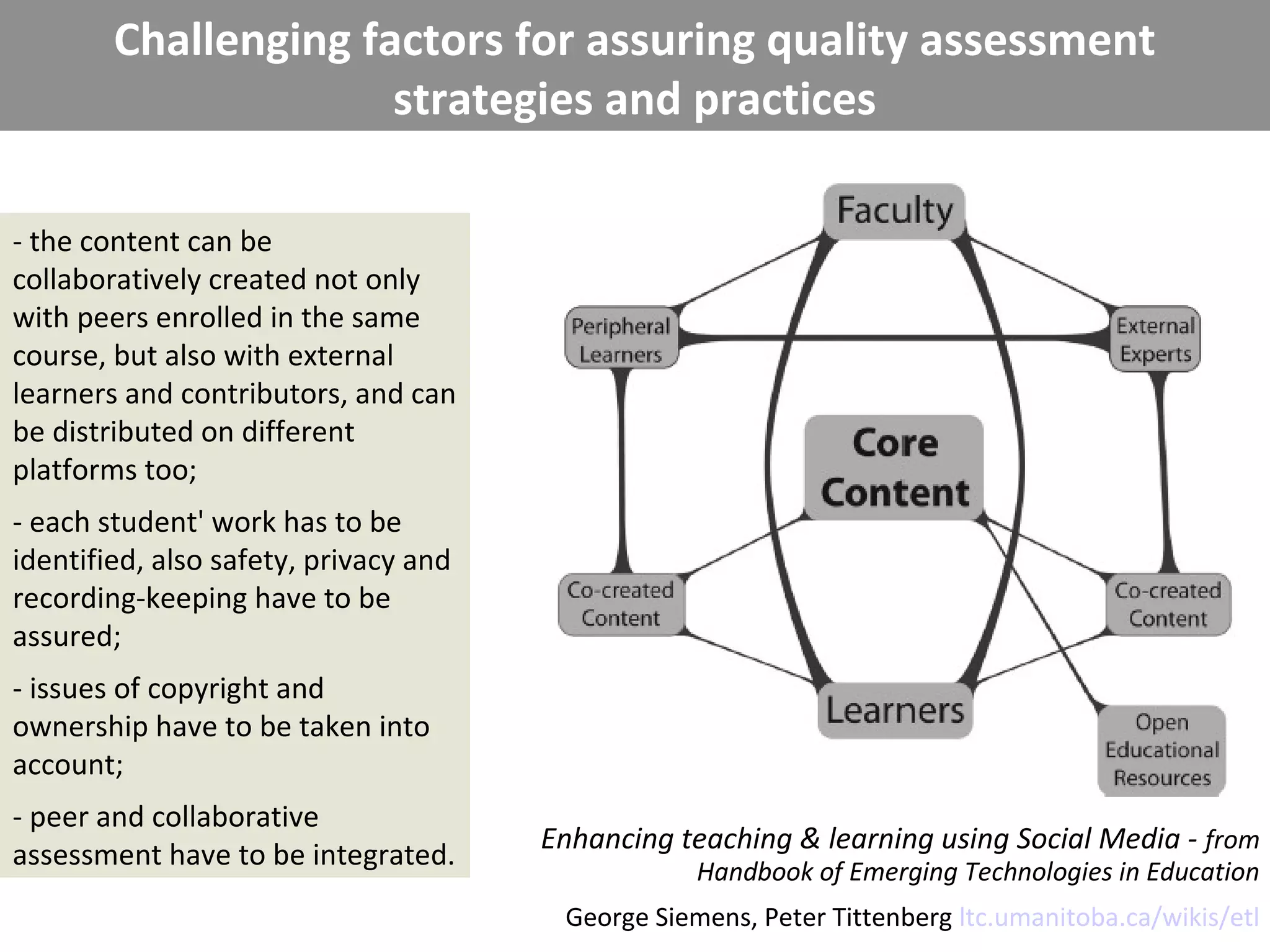 Challenging factors for assuring quality assessment
                      strategies and practices

- the content can be
collaboratively created not only
with peers enrolled in the same
course, but also with external
learners and contributors, and can
be distributed on different
platforms too;
- each student' work has to be
identified, also safety, privacy and
recording-keeping have to be
assured;
- issues of copyright and
ownership have to be taken into
account;
- peer and collaborative
                                       Enhancing teaching & learning using Social Media - from
assessment have to be integrated.                  Handbook of Emerging Technologies in Education
                                        George Siemens, Peter Tittenberg ltc.umanitoba.ca/wikis/etl
 